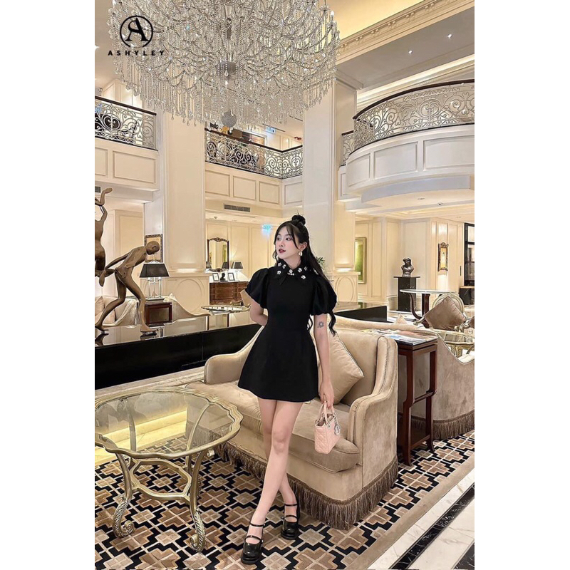 Set áo sơ mi croptop kèm váy sát nách dáng chữ A dáng ngắn, Đầm váy cổ sơ mi tay bồng cộc tat thiết kế Ashyley