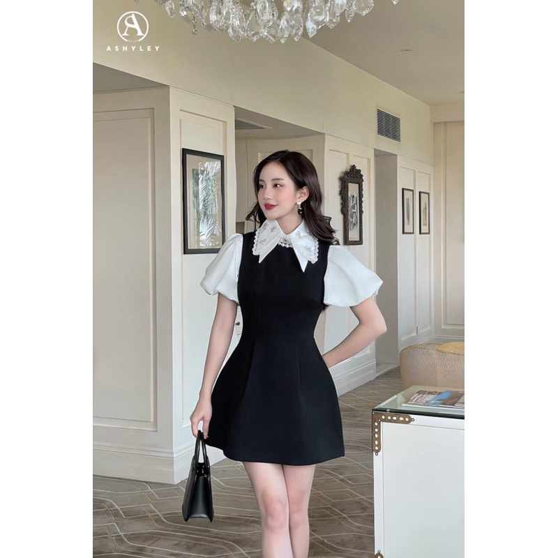 Set áo sơ mi croptop kèm váy sát nách dáng chữ A dáng ngắn, Đầm váy cổ sơ mi tay bồng cộc tat thiết kế Ashyley