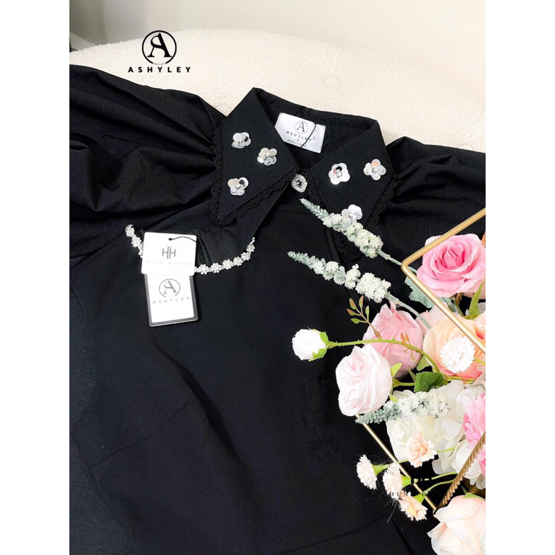 Set áo sơ mi croptop kèm váy sát nách dáng chữ A dáng ngắn, Đầm váy cổ sơ mi tay bồng cộc tat thiết kế Ashyley