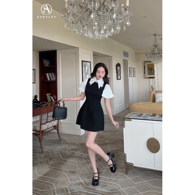 Set áo sơ mi croptop kèm váy sát nách dáng chữ A dáng ngắn, Đầm váy cổ sơ mi tay bồng cộc tat thiết kế Ashyley