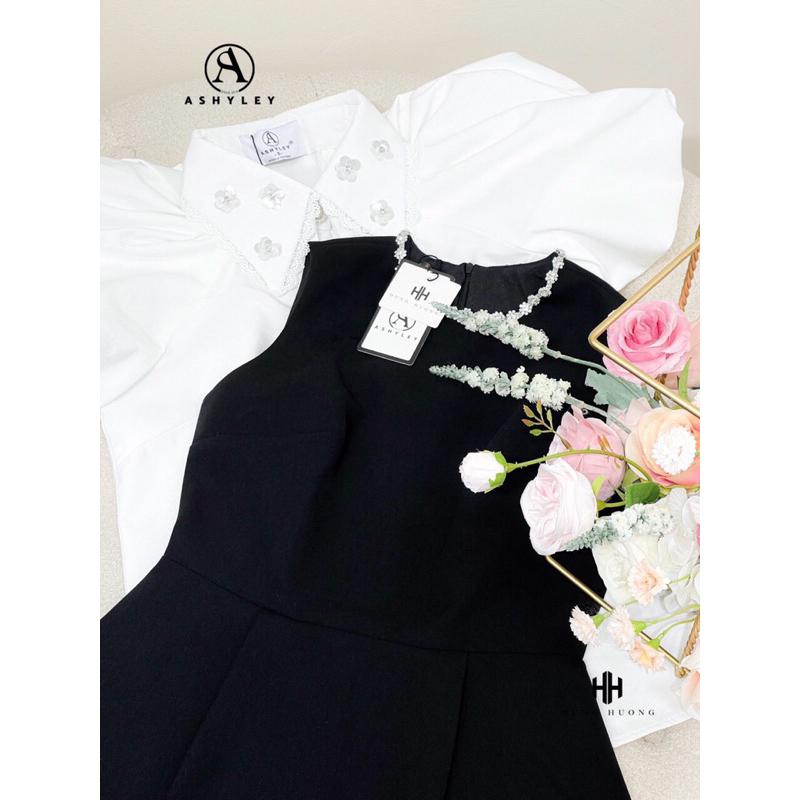 Set áo sơ mi croptop kèm váy sát nách dáng chữ A dáng ngắn, Đầm váy cổ sơ mi tay bồng cộc tat thiết kế Ashyley