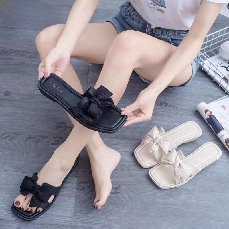 Dép chữ H nữ pvc nơ vải dép nữ  đi mưa đi nước siêu bền