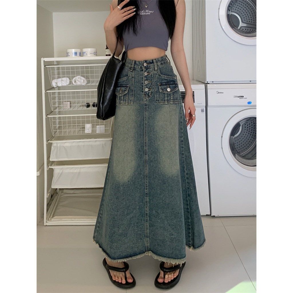 Chân Váy Nữ Jeans Dáng Dài Thiết Kế Chữ A Phong Cách Retro, Chân Váy Bò Dáng Suông Dài Cạp Cao