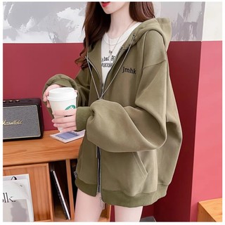 Áo khoác nỉ hoodie nữ form rộng cute dày dặn ấm áp mũ to 2 lớp có dây kéo giá rẻ freesize đến 70kg in JMh
