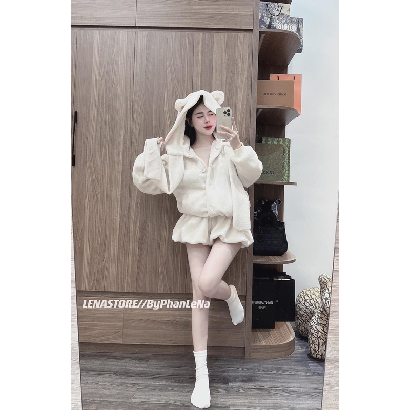 Set tai thỏ lông quần đùi áo có nón tay dài noel Tết mùa đông