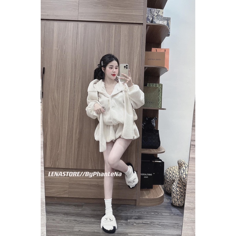 Set tai thỏ lông quần đùi áo có nón tay dài noel Tết mùa đông