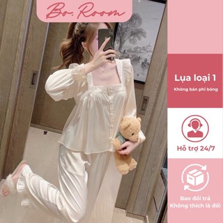 Đồ bộ nữ dài tay màu kem sữa tiểu thư cổ vuông LỤA LATIN, đồ mặc nhà nữ lụa tay dài siêu mềm mịn