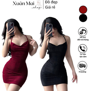 Đầm ôm body nữ cổ yếm đan lưng phối xích chất nhũ đính đá hai màu đỏ đen mặc Noel, lễ Tết
