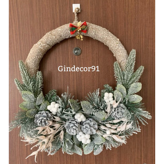 Vòng nguyệt quế giáng sinh bố có lá yến mạch phủ tuyết - vòng hoa treo cửa trang trí noel - trang trí nhà cửa