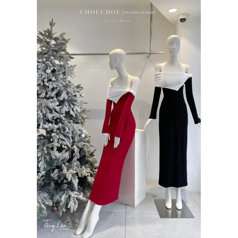 Siêu phẩm đầm body trễ vai vạt chéo phối màu đỏ đen, 2 lớp vải co giãn kèm video thật cực sang chảnh đi noel a01