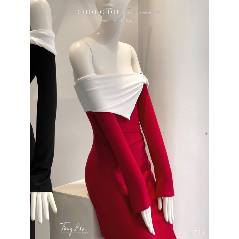 Siêu phẩm đầm body trễ vai vạt chéo phối màu đỏ đen, 2 lớp vải co giãn kèm video thật cực sang chảnh đi noel a01