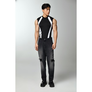 Set áo Tanktop phối 2 viền và quần jean đen rách gối GUMADE