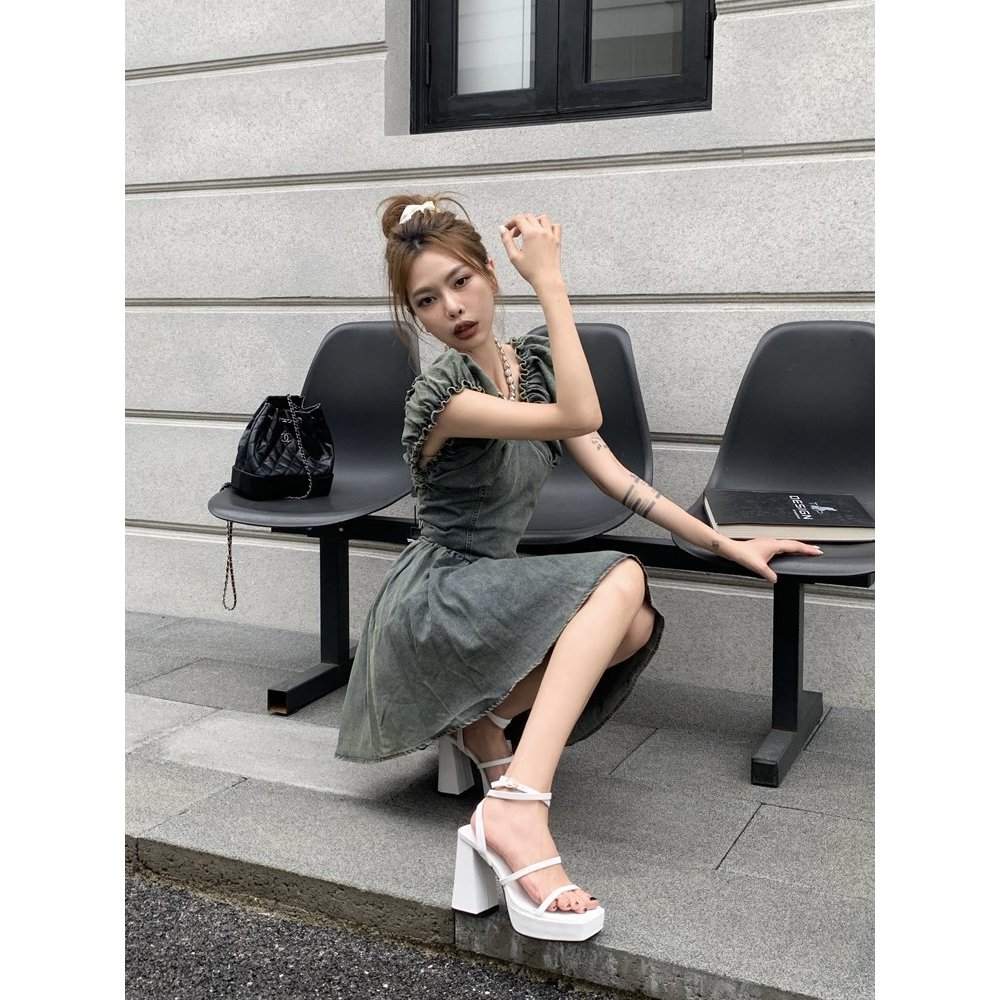 Giày cao gót 12cm da mềm gót vuông chống trượt phong cách TEEBAO