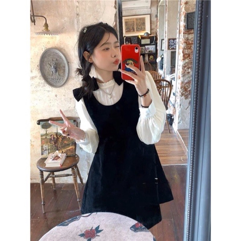 [ẢNH THẬT] SET VÁY NHUNG BÈO PHỐI SƠ MI SVNBPS