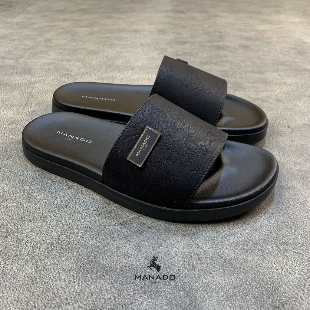 Dép da nam quai ngang cao cấp Manado Mã MND13 màu đen fullbox, quai da mềm mại, đế cao su mềm nhẹ