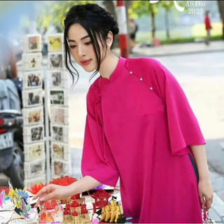 Áo dài dáng xưa vải lụa đính nơ kèm quần có cả BIG SIZE