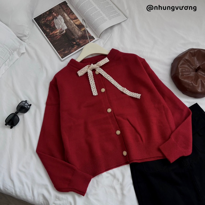 Áo len phối nơ ren sang chảnh , áo cardigan len  cổ viền