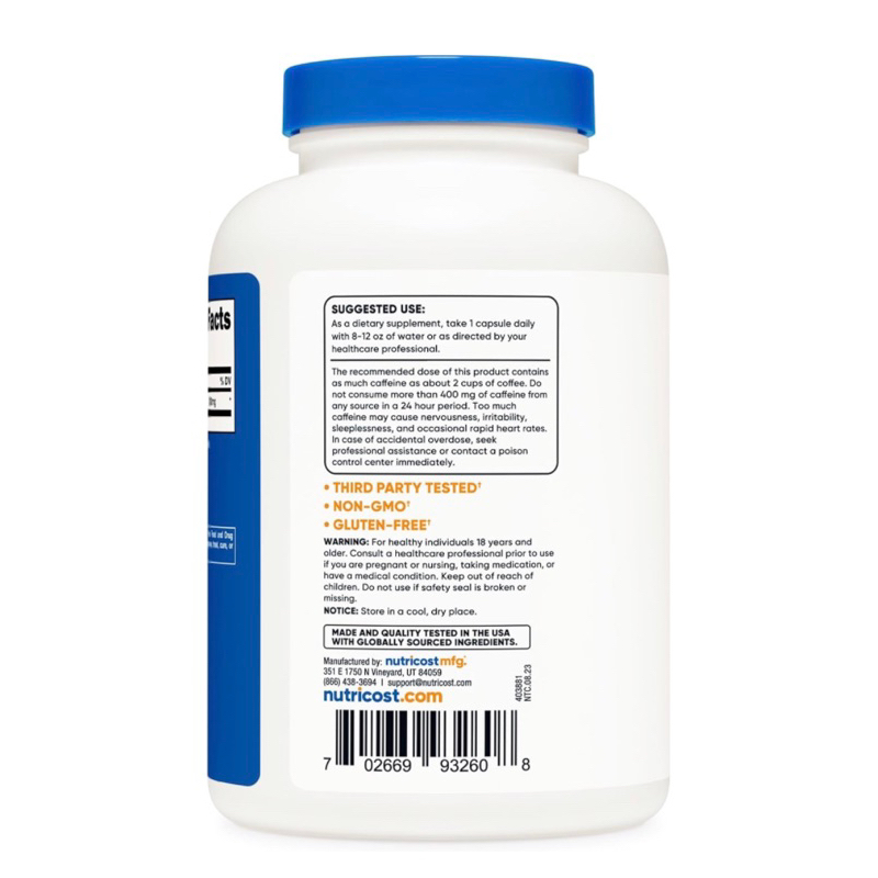 Viên uống Caffeine liều cao Nutricost tăng tập trung, tỉnh táo 500v USA