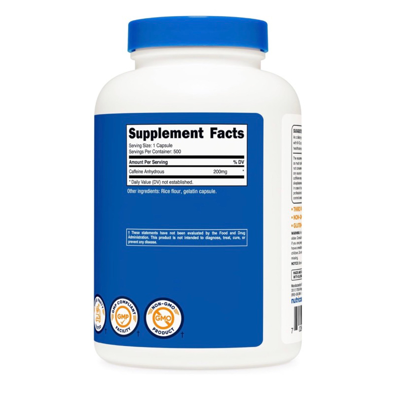 Viên uống Caffeine liều cao Nutricost tăng tập trung, tỉnh táo 500v USA