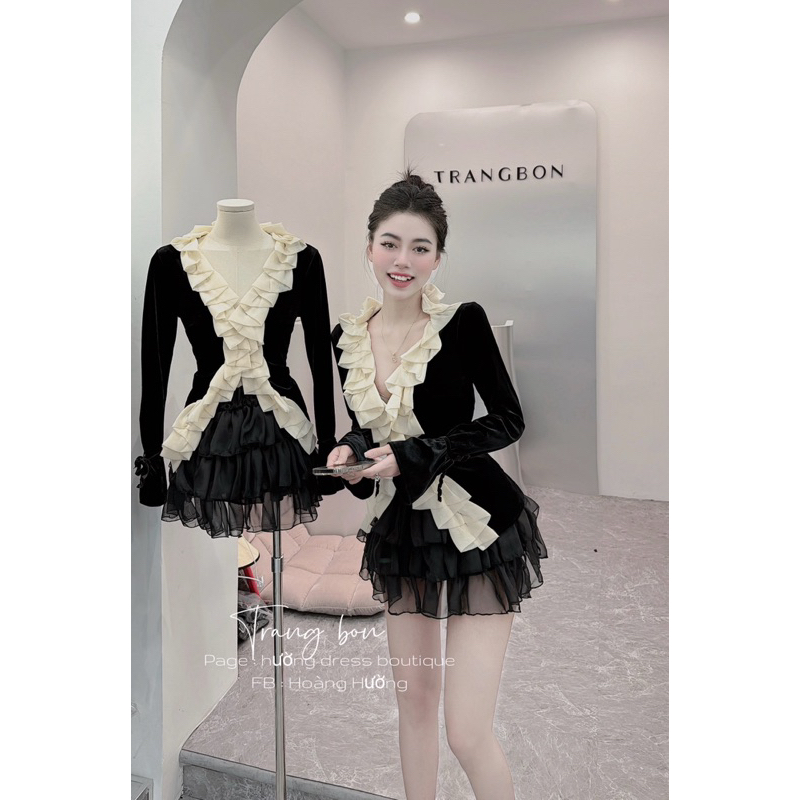 Set đầm tiểu thư ngực viền bèo dễ thương chân váy tầng kèm video thật