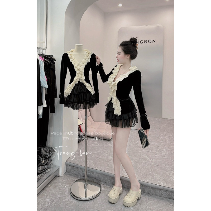 Set đầm tiểu thư ngực viền bèo dễ thương chân váy tầng kèm video thật