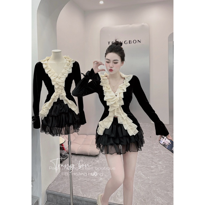 Set đầm tiểu thư ngực viền bèo dễ thương chân váy tầng kèm video thật