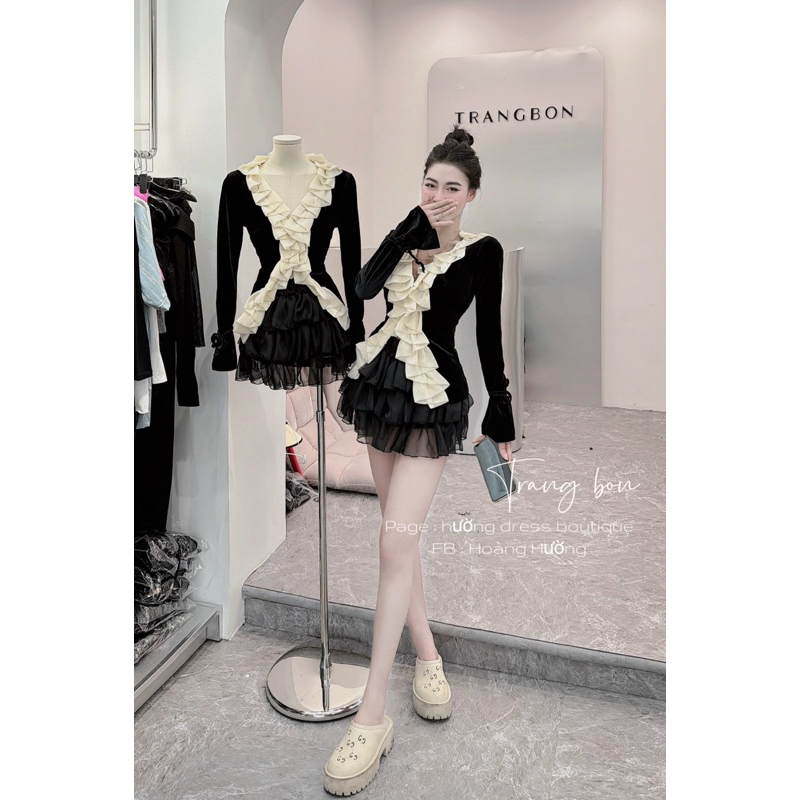 Set đầm tiểu thư ngực viền bèo dễ thương chân váy tầng kèm video thật