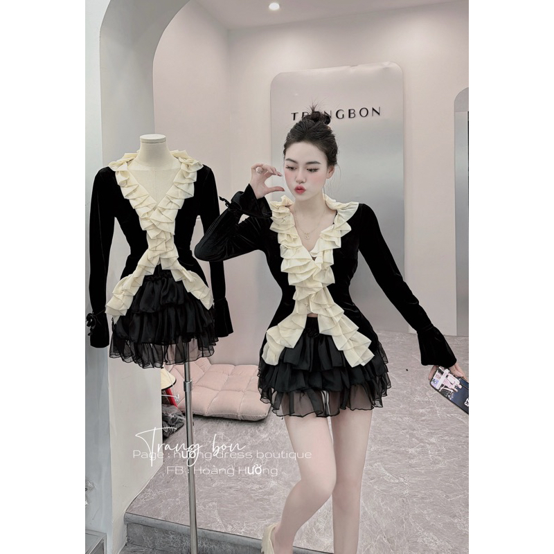 Set đầm tiểu thư ngực viền bèo dễ thương chân váy tầng kèm video thật