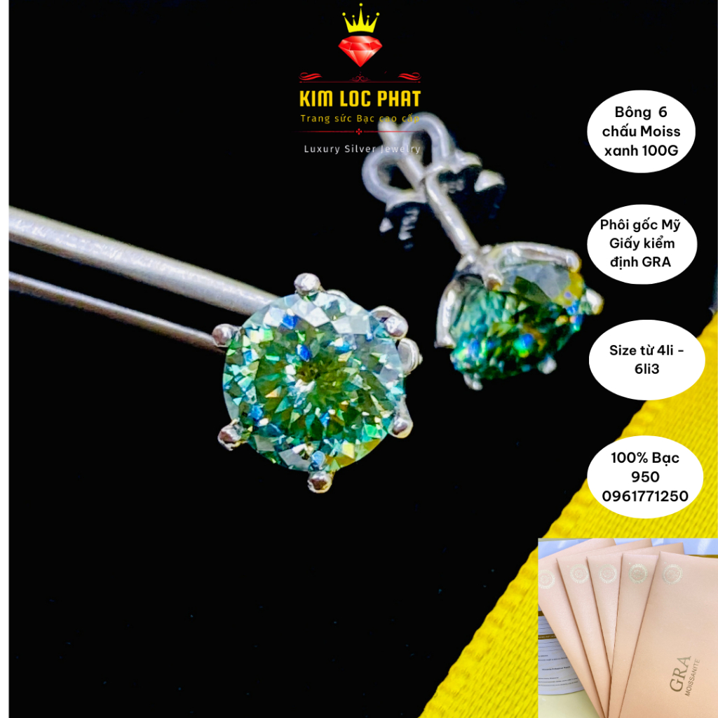 Khuyên tai bạc xi bạch kim moissanite 100 giácmàu xanh  từ 4mm-6.3mm, Bông tai bạc kim cương nhân tạo, có kiểm định GRA