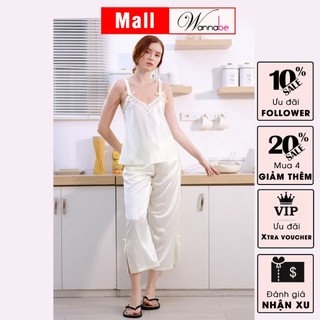 Đồ bộ mặc nhà WANNABE BDS54 đồ bộ quần dài áo bản vai 2 cm đính nơ xinh xắn, cổ áo hình chữ M phối ren nữ tính