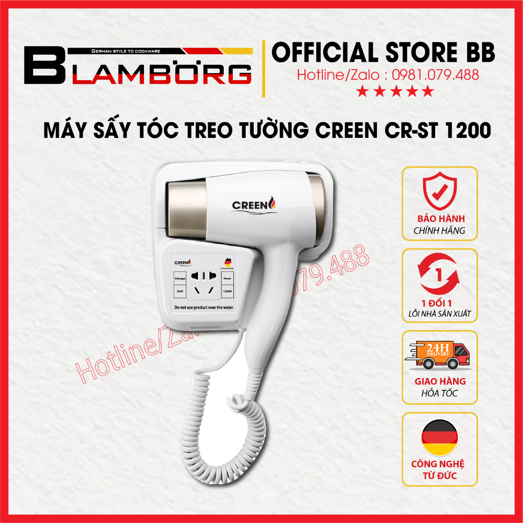 [Giảm 12% SPayLater] Máy sấy tóc treo tường CREEN CR_ST 1200- Bảo hành chính hãng 12 tháng