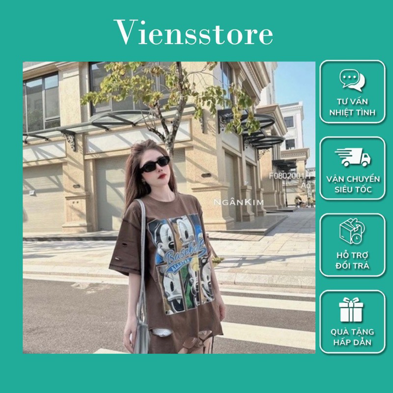 Áo thun rách tay ngắn ngực phối hình cá tính VIENS STORE