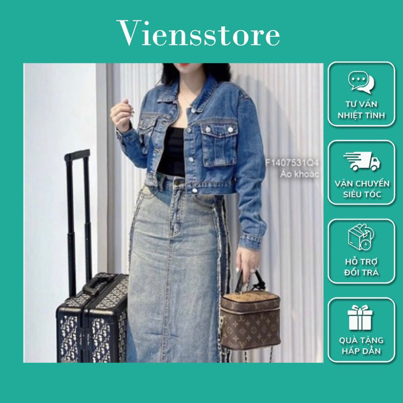 Áo khoác jeans nữ trơn dáng croptop phối 2 túi hộp VIENS STORE