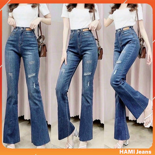 Quần jean ống loe cạp lưng siêu cao chất co giãn quần ống loe cạp cao quần bò ống loe co giãn