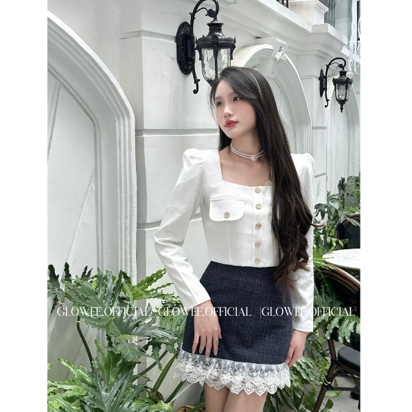 Set áo dạ croptop cổ vuông độn vai tay bồng chân váy chữ A kẻ phối ren tiểu thư sang chảnh ALICE TOP BONNIE SKIRT GLOWEE