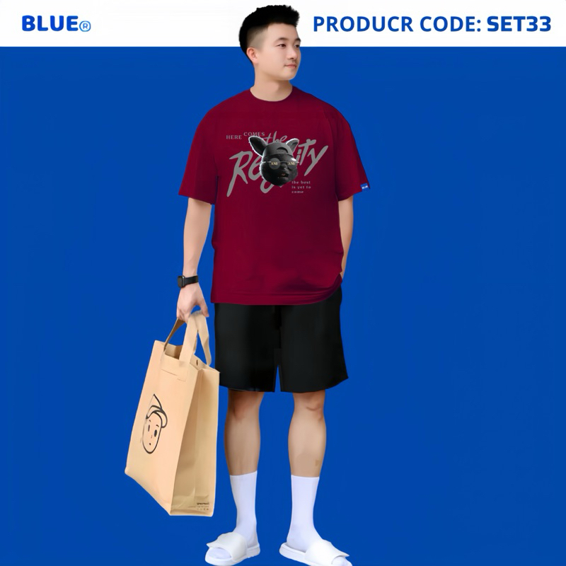 Bộ Đồ Nam Gồm Quần Short Và Áo Thun Cotton Chuột Ngầu Blue Streetwear SET33