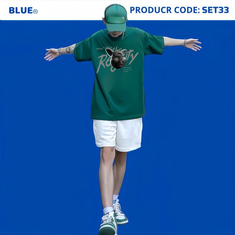 Bộ Đồ Nam Gồm Quần Short Và Áo Thun Cotton Chuột Ngầu Blue Streetwear SET33