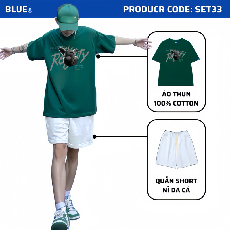 Bộ Đồ Nam Gồm Quần Short Và Áo Thun Cotton Chuột Ngầu Blue Streetwear SET33
