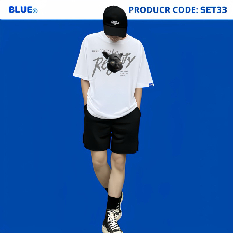 Bộ Đồ Nam Gồm Quần Short Và Áo Thun Cotton Chuột Ngầu Blue Streetwear SET33