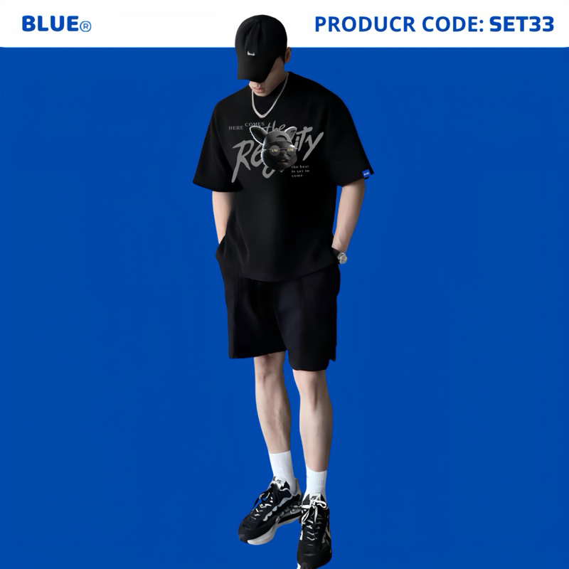 Bộ Đồ Nam Gồm Quần Short Và Áo Thun Cotton Chuột Ngầu Blue Streetwear SET33