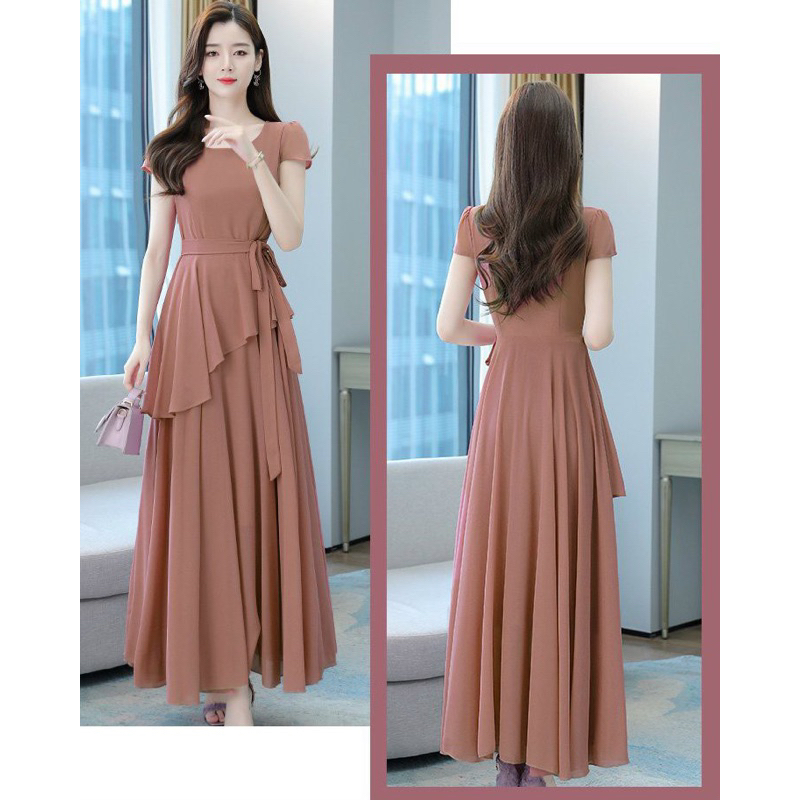 ĐẦM XOÈ DÀI PHỐI TÀ CHÉO THẮT EO