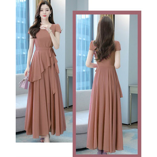 Đầm xoè dài phối tà chéo thắt eo