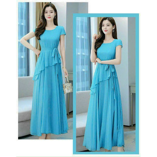 ĐẦM XOÈ DÀI PHỐI TÀ CHÉO THẮT EO