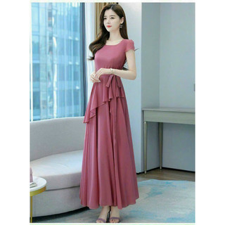 ĐẦM XOÈ DÀI PHỐI TÀ CHÉO THẮT EO