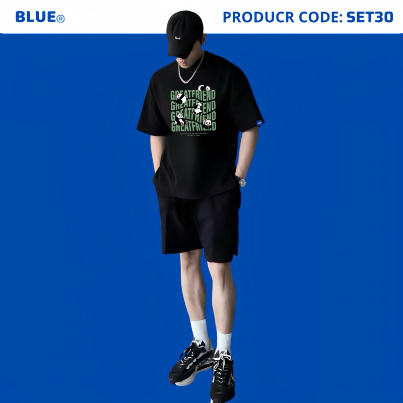 Bộ Đồ Nam Gồm Quần Short Và Áo Thun Cotton Form Rộng Gấu Trúc Blue Streetwear SET30