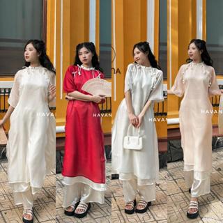  Áo dài cách tân voan tơ 4 tà tay lửng phối nơ buộc cách điệu HAVANA AD23 
