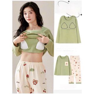 Bộ đồ ngủ nữ mặc nhà pijama có mút ngực, bộ thu đông dài tay cotton