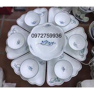   Bộ bát đĩa hoa mặt trời vẽ sen xanh ĐK 45cm.Sứ Bát Tràng. Hàng y hình