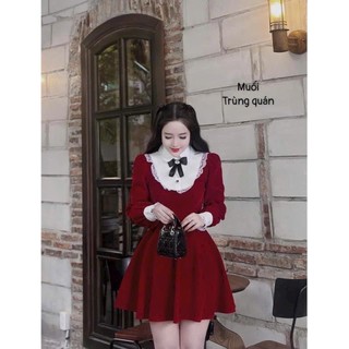 Đầm nhung phối cổ trắng tay dài có lót quần chất nhung xịn hàng cao cấp