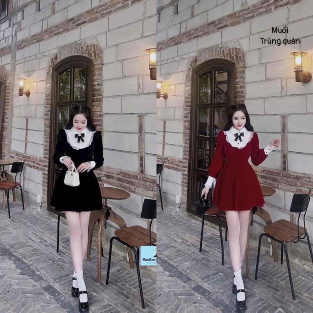 Đầm váy nữ dáng xòe nhung phối lụa ren trắng họa tiết đính nơ sang chảnh quý phái xinh xắn dự tiệc đi chơi